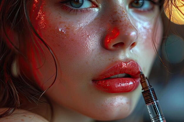 Foto una foto de una mujer en un salón de belleza moderno inyectando sus labios y haciendo maquillaje