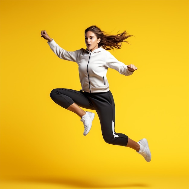 Foto foto de una mujer saltando en el aire