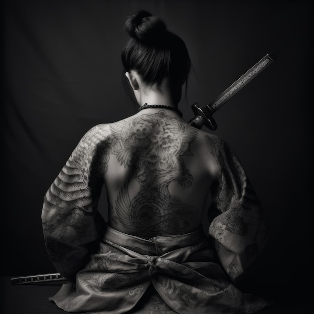 Una foto de una mujer sentada con una espada samurái AI generativa en blanco y negro