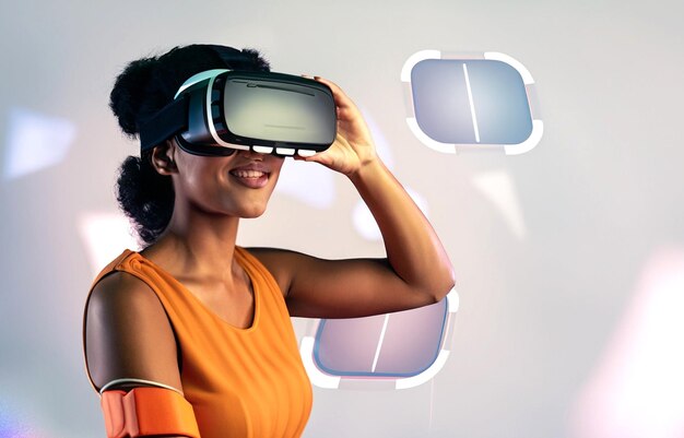 foto de una mujer con un simulador de realidad virtual en un fondo 3D