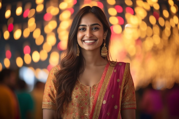 Una foto de una mujer sonriendo mientras está de pie en un festival de Diwali