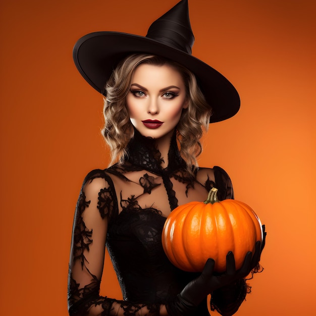 Foto Mujer sonriente vestida de bruja para el día de Halloween con calabazas malvadas generativa ai