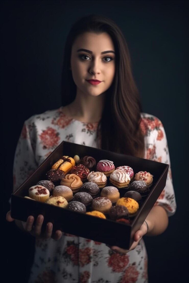 Foto de una mujer sosteniendo una caja de dulces y posando