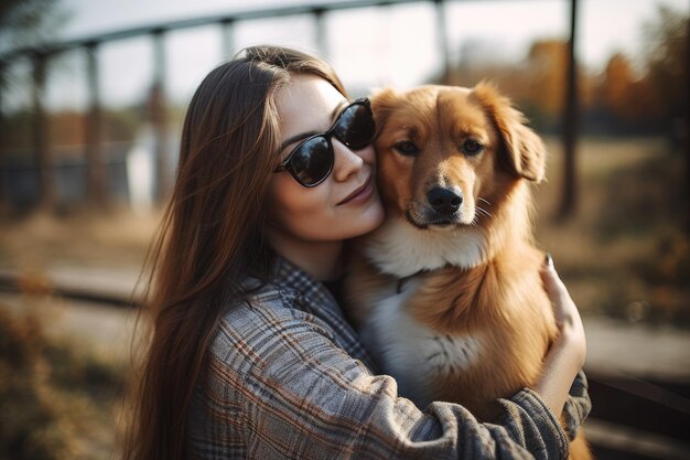 Foto de una mujer sosteniendo a su perro recién adoptado