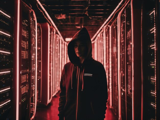 foto de una mujer con sudadera con capucha negra en la sala del centro de datos del servidor con IA generativa de luz de neón