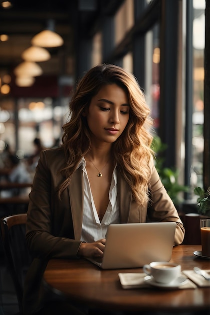 foto de una mujer trabajando en un café con una computadora