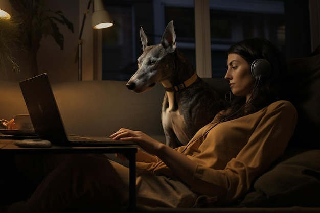 foto de una mujer trabajando en casa desde una computadora portátil con un perro galgo en el sofá