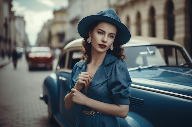 Foto de una mujer con un vestido azul y un sombrero con una calle de la ciudad y un auto antiguo