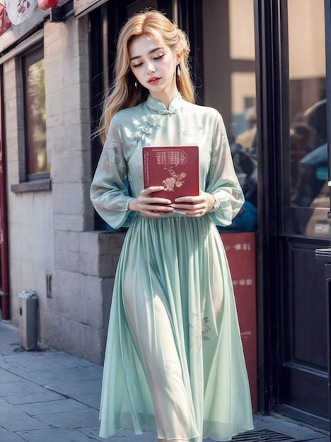 una foto de una mujer con un vestido de china