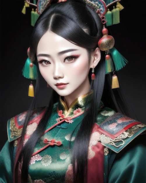 una foto de una mujer con un vestido chino