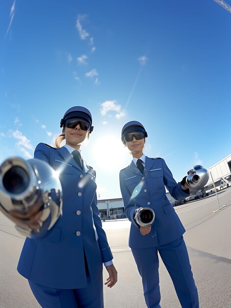 Foto de mujeres pilotos con aviones y auriculares Sky Blue para ideas conceptuales del Día Mundial de la Mujer Liberada