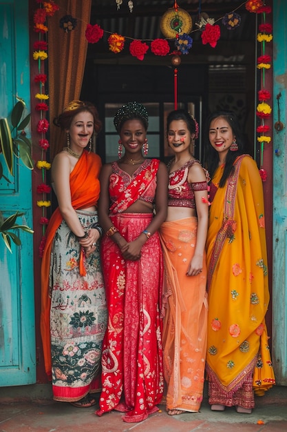 una foto de mujeres en trajes tradicionales de diferentes culturas celebrando el Día de la Mujer juntas