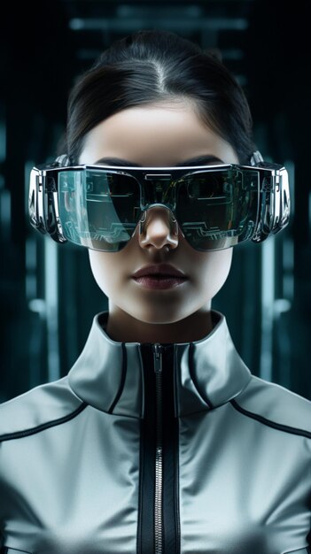 Foto mulher com tecnologia futurista de óculos inteligentes