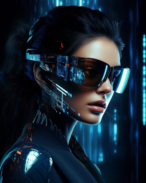 Foto mulher com tecnologia futurista de óculos inteligentes