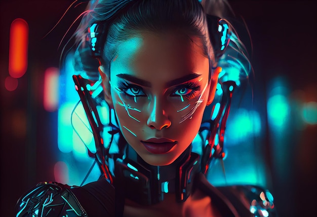 Foto mulher cyberpunk retrato estilo neon futurista Gerar Ai