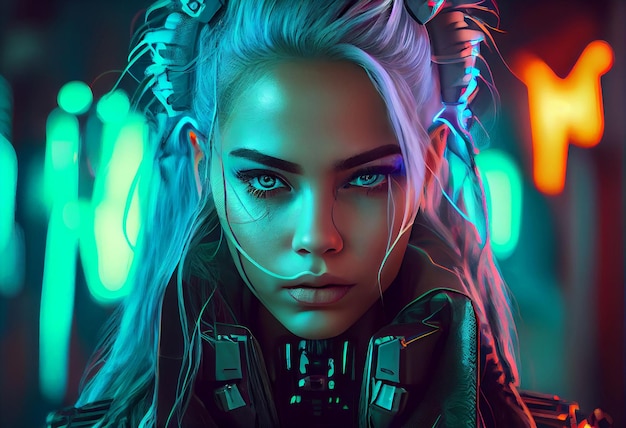 Foto mulher cyberpunk retrato estilo neon futurista Gerar Ai