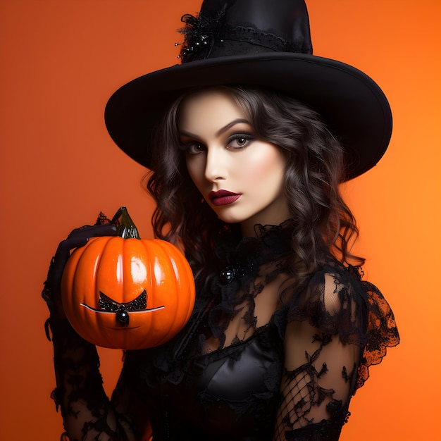 Foto Mulher fantasiada de bruxa com abóbora assustadora e malvada conceito de dia de Halloween ai generativa
