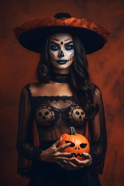 Foto Mulher fantasiada de bruxa para festa de Halloween Dia de Halloween conceito generativo ai