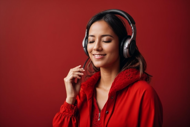 Foto foto mulher feliz ouvindo música com os olhos fechados