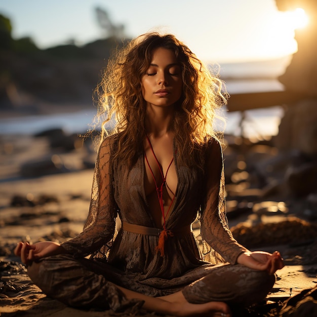 foto mulher sentada em pose de ioga na praia