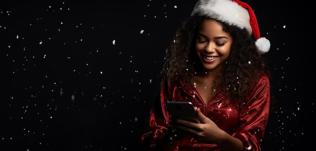 Foto mulher vestindo banner de vendas de fantasias de papai noel para o dia de natal santa menina com telefone celular