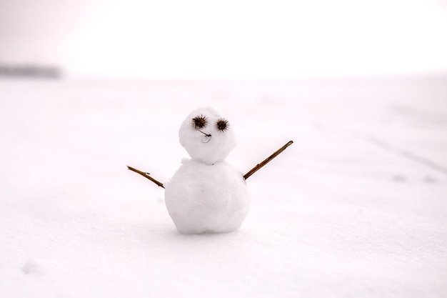 Foto de muñeco de nieve con las manos en día de invierno