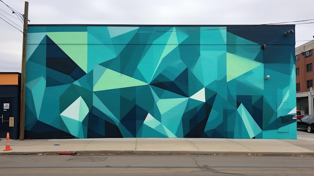 Una foto de un mural geométrico con formas intersectantes en el fondo de la calle del centro