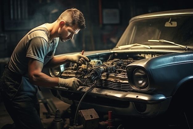 Foto foto muskulöser auto-service-arbeiter, der ein fahrzeug repariert
