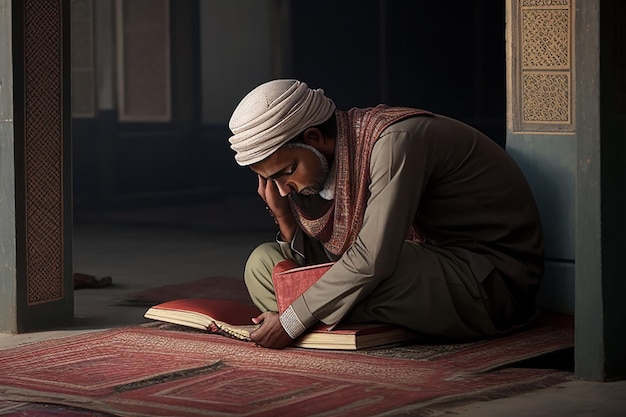 Foto muslimisches Mädchen und Junge lesen ein heiliges Buch, den Koran, in der Moschee