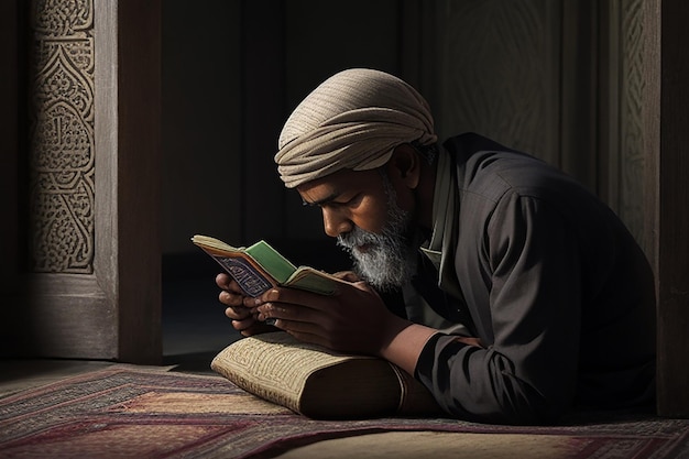 Foto muslimisches Mädchen und Junge lesen ein heiliges Buch, den Koran, in der Moschee