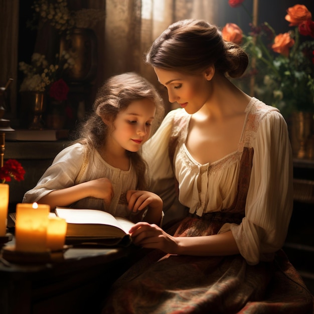Foto Mutter mit Tochter, die Muttertagspostkarte liest