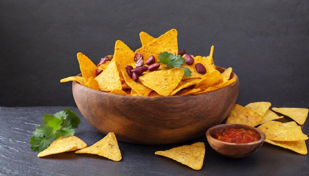 Foto de nachos mexicanos y salsa en un tazón generada por IA