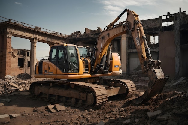 Foto-Nahaufnahme einer laufenden Baustelle mit Gleisen und einem Bulldozer auf einer Gebäuderuine