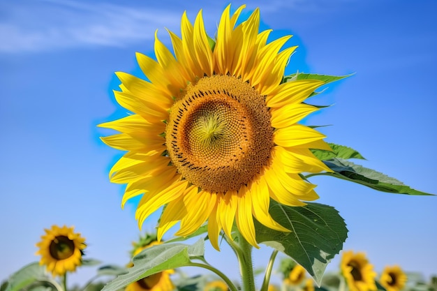 Foto-Nahaufnahme eines Sonnenblumenkopfes mit dem Feld vieler auf der Oberfläche