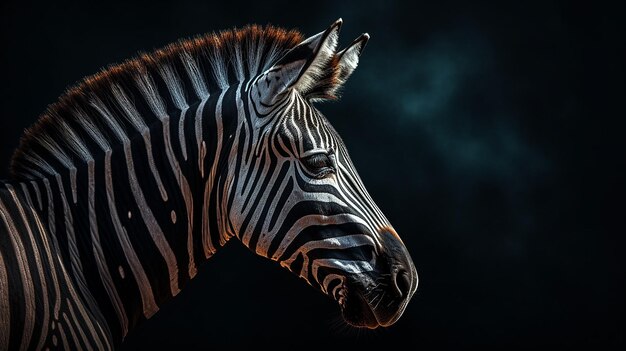 Foto Nahaufnahme eines Zebrakopfes auf dunklem Hintergrund