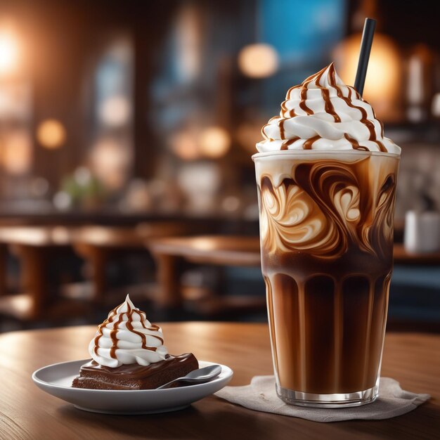 Foto Nahaufnahme Eiskaffee mit Schlagsahne auf Café-Hintergrund