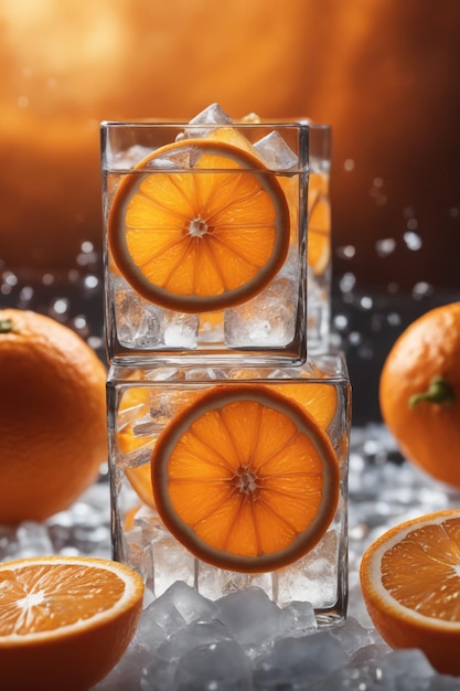 Foto foto de naranja fresca en cubos de hielo