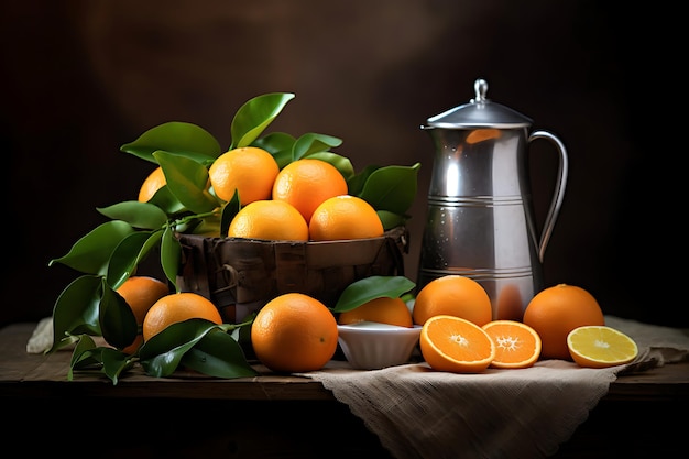 Foto de naranjas y un exprimidor en una mesa rústica