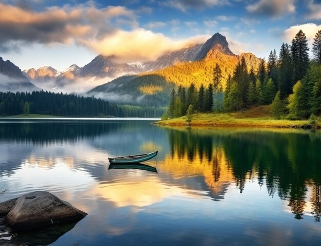 Foto foto natürlicher schöner see mit boot hinter berg und natürlichem grünen hintergrund