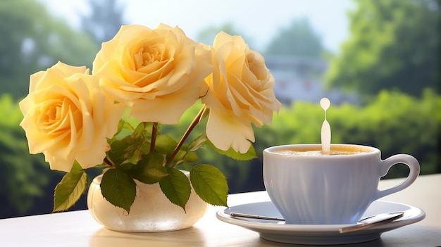 Foto de la naturaleza de la mañana con vistas al lago sol brillo flores bosque té y café