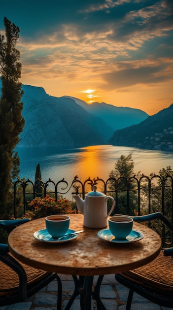 Foto de la naturaleza matutina con una taza de té o café con hermosas flores y sol