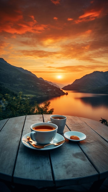 Foto de la naturaleza matutina con una taza de té o café con hermosas flores y sol