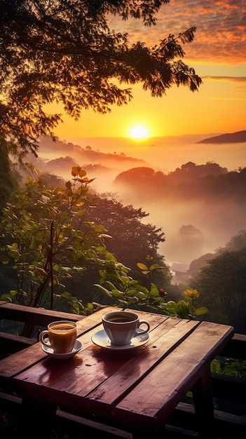 Foto de la naturaleza matutina con una taza de té o café con hermosas flores y sol