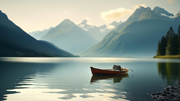 Foto de la naturaleza de la montaña con barco en el lago y las montañas.