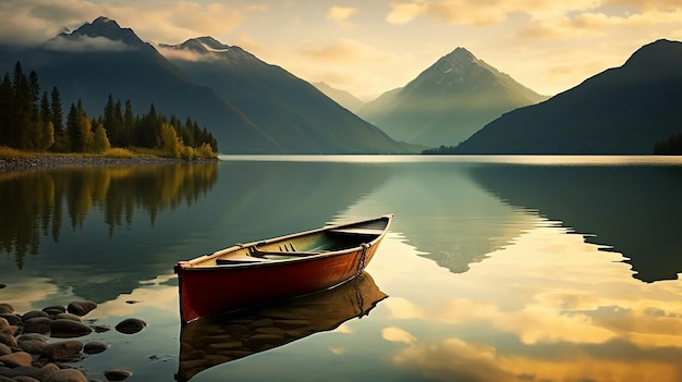 Foto de la naturaleza de la montaña con barco en el lago y las montañas.