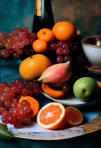 Foto de naturaleza muerta de variación de frutas en una mesa