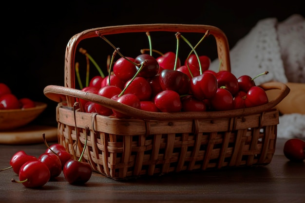 Foto natureza morta de cesta com cerejas