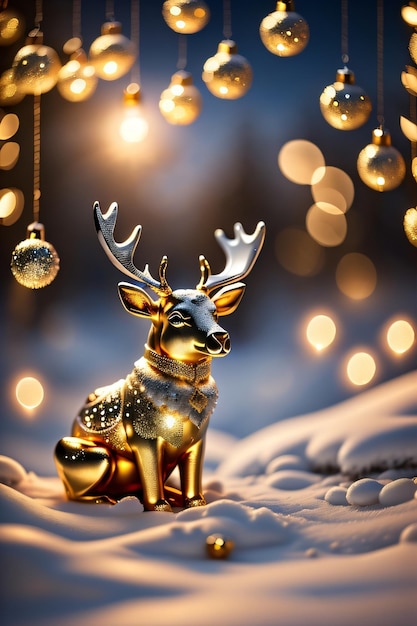 foto de Navidad ciervo dorado de pie en la nieve con decoración navideña hecha con IA generativa