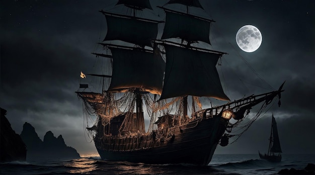 foto navio pirata à noite com a lua ao fundo