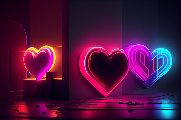 Foto neon corazones san valentin fondo